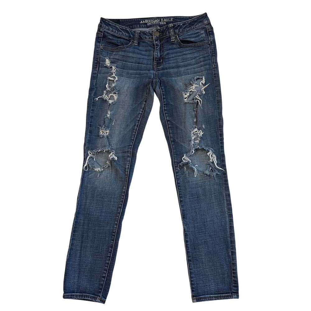 American Eagle Jegging Womens Size 8 Blue Super Stretch Low Rise Ripped Thrashed